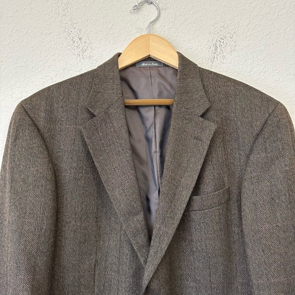 OSCAR DE LA RENTA Mens Brown Chevron Lambswool Sport Coat Elbow Patch - Picture 2 of 12
